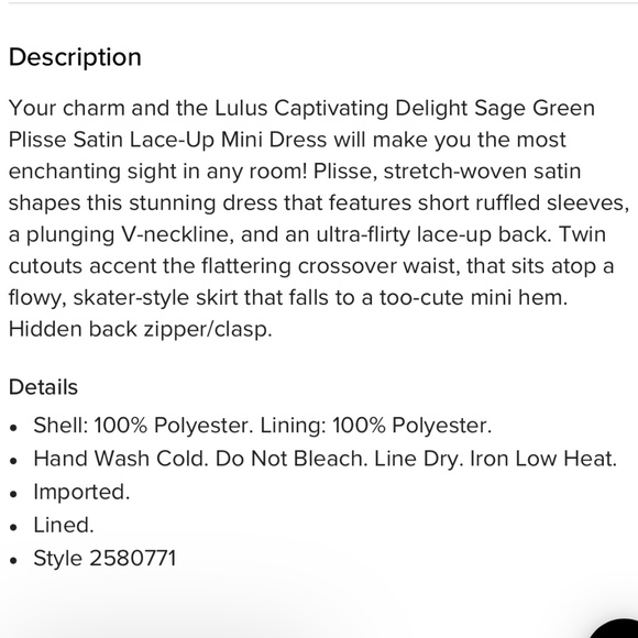 NWT Lulu's Captivating Delight Sage Green Plisse Satin Lace Up Mini Dress Medium - Picture 6 of 6